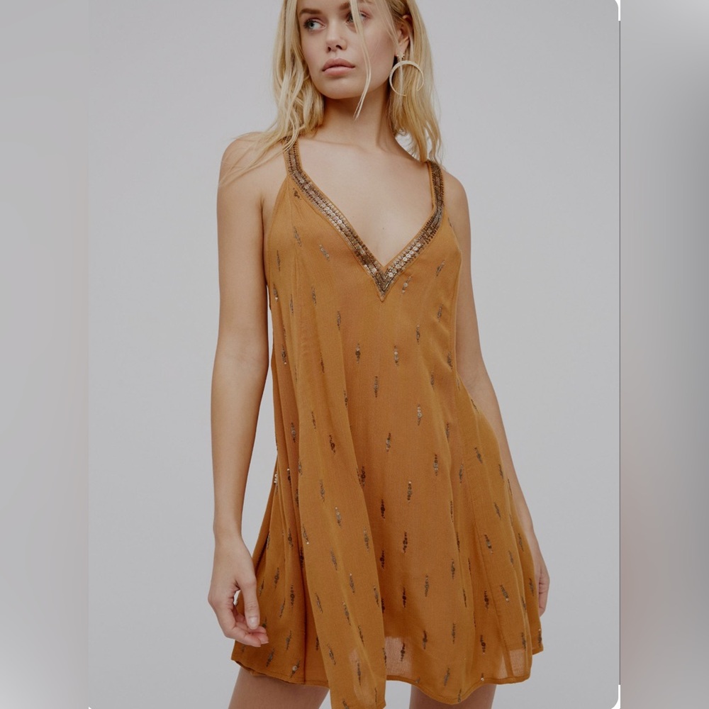 NWT Free People Rising Sun Gold Bejewelled V Neck Slip Dress